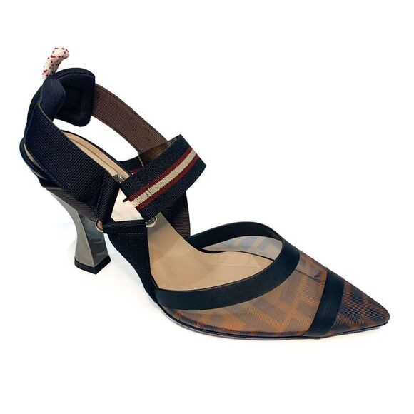 Fendi Shoes - Fendi Colibri Slingback Mesh Pumps EU 38 US 8 FF Logo Zucca Heels Brown Black